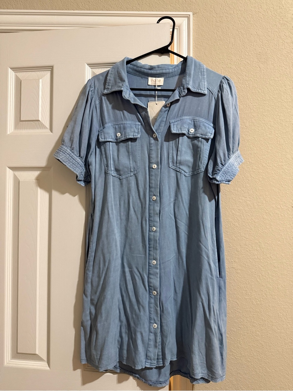 Chambray Denim Shirt Dress - Short Sleeve Button Front